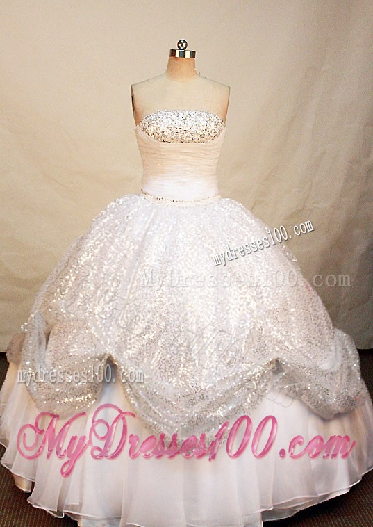 Unique Strapless Ruched Bust White Sequined Quinceanera Dress